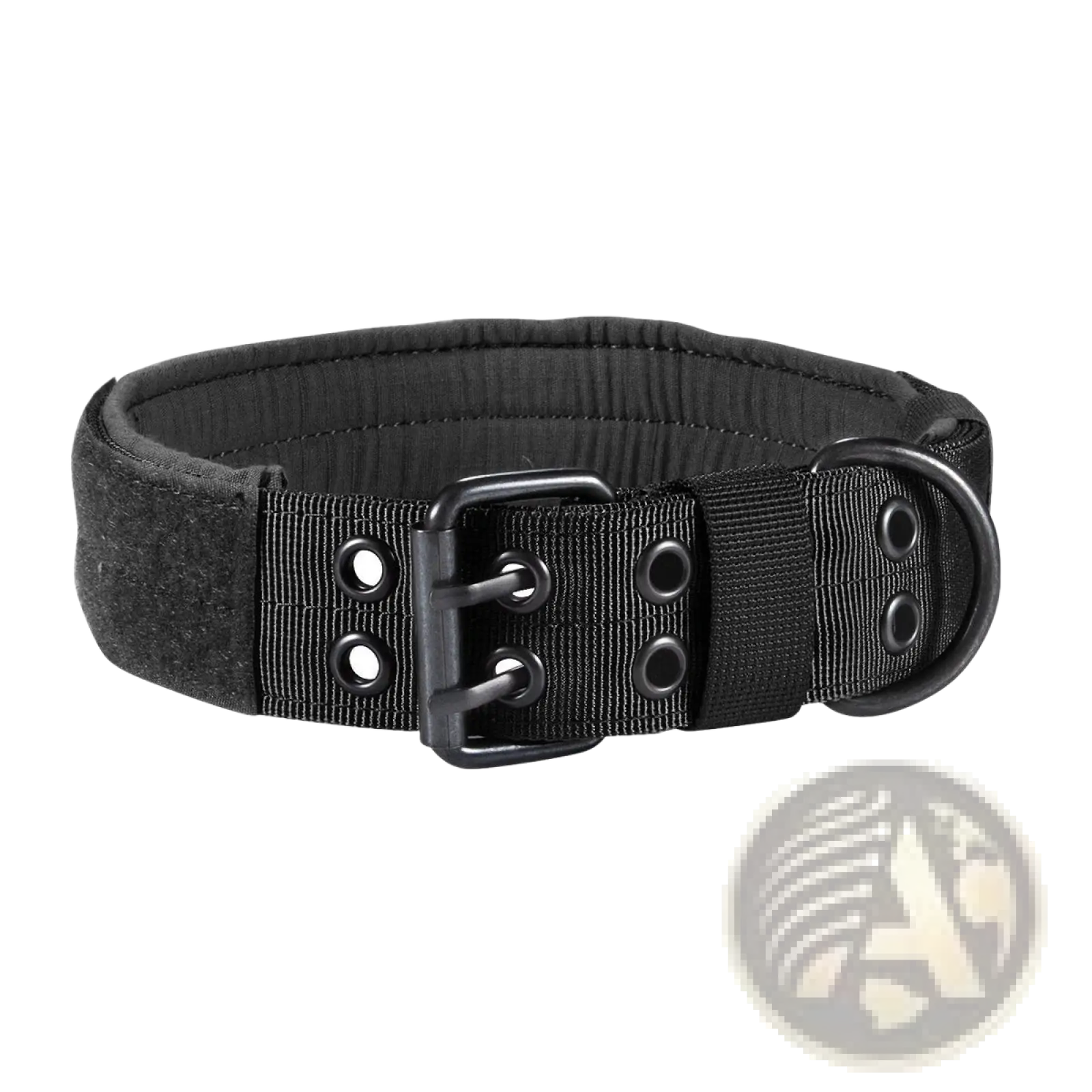 Black tactical nylon dog collar with durable webbing and a sturdy metal buckle for secure use