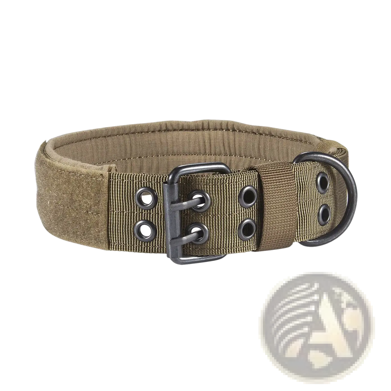Tan tactical nylon dog collar with metal buckle and d-ring featuring durable fabric and reinforced stitching