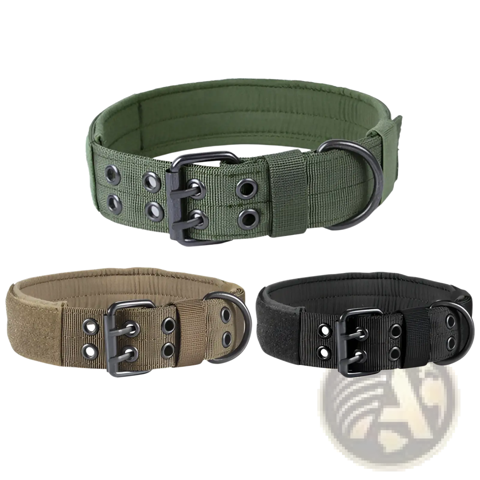Tactical nylon dog collar with metal buckle in olive green tan and black featuring durable nylon webbing and metal hardware