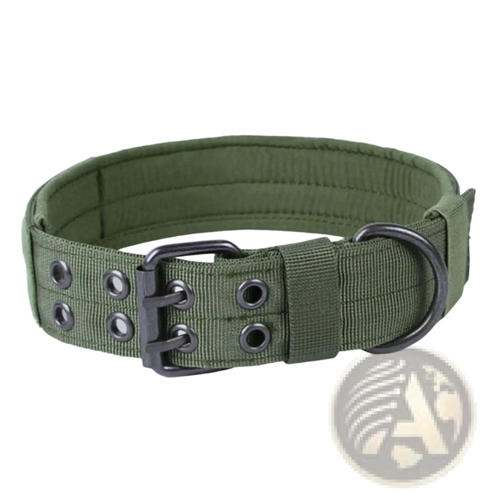 Olive green tactical nylon dog collar with black metal buckle and d-ring for secure outdoor use