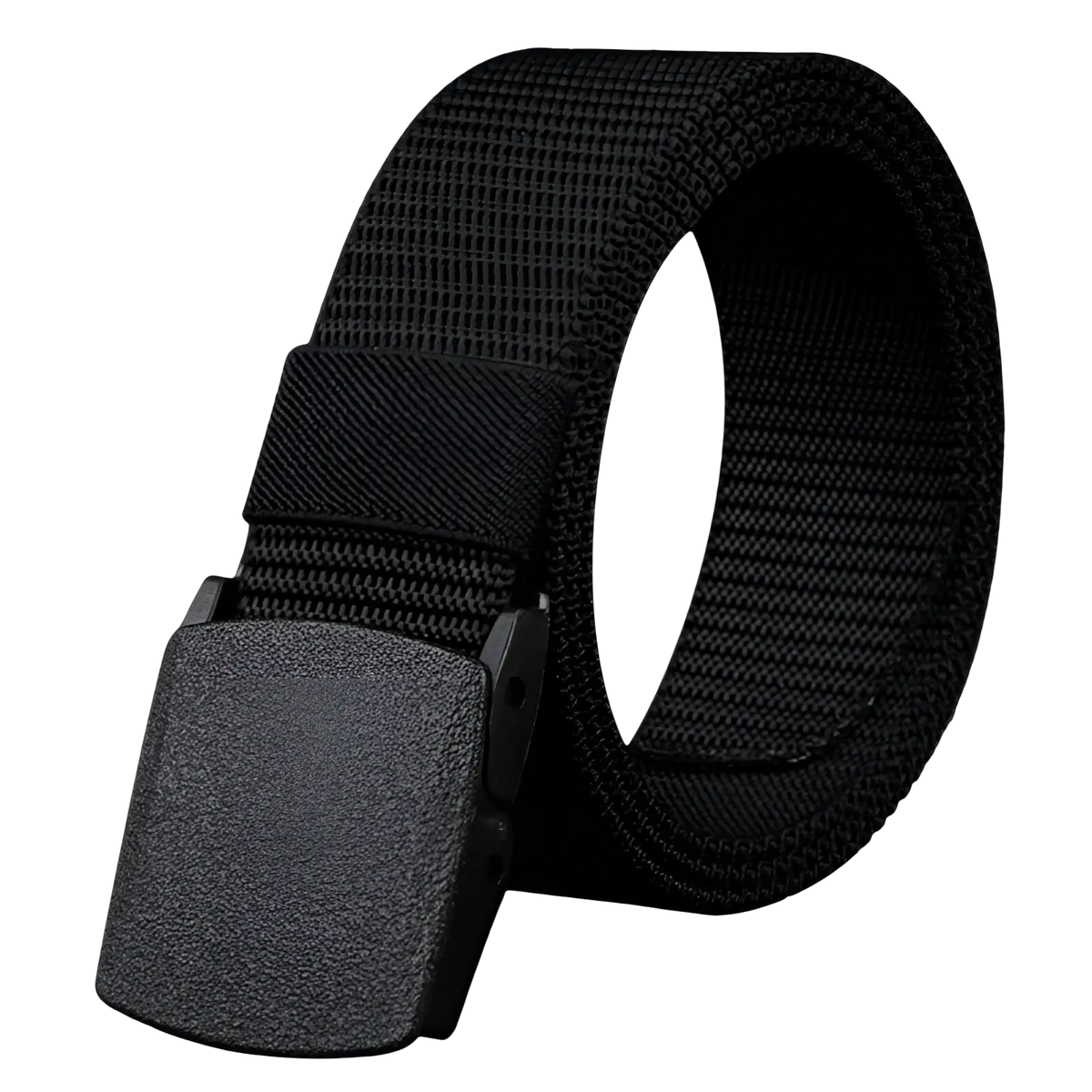 Black tactical nylon web belt with plastic matte black textured buckle 120cm for durable outdoor use
