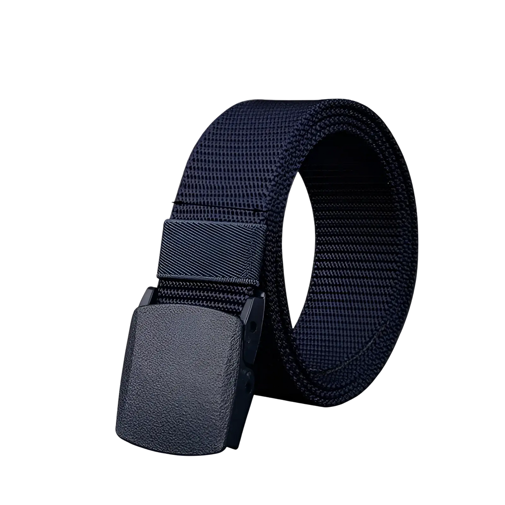 Black tactical nylon web belt with matte black plastic buckle 120cm shown from the back side
