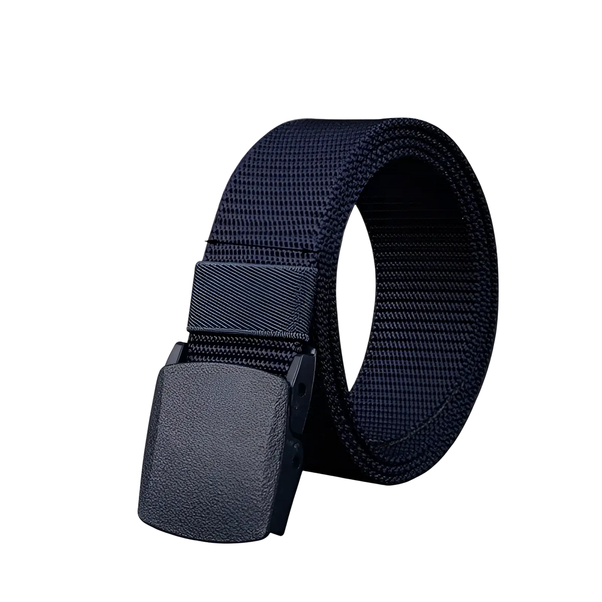 Black tactical nylon web belt with matte black plastic buckle 120cm shown from the back side