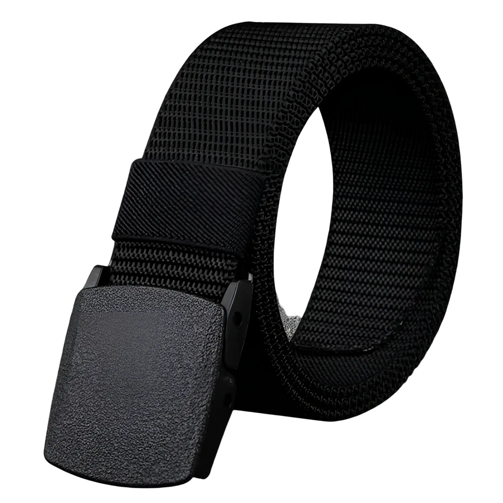 Black tactical nylon web belt with a textured gray plastic buckle 120cm for durable outdoor use