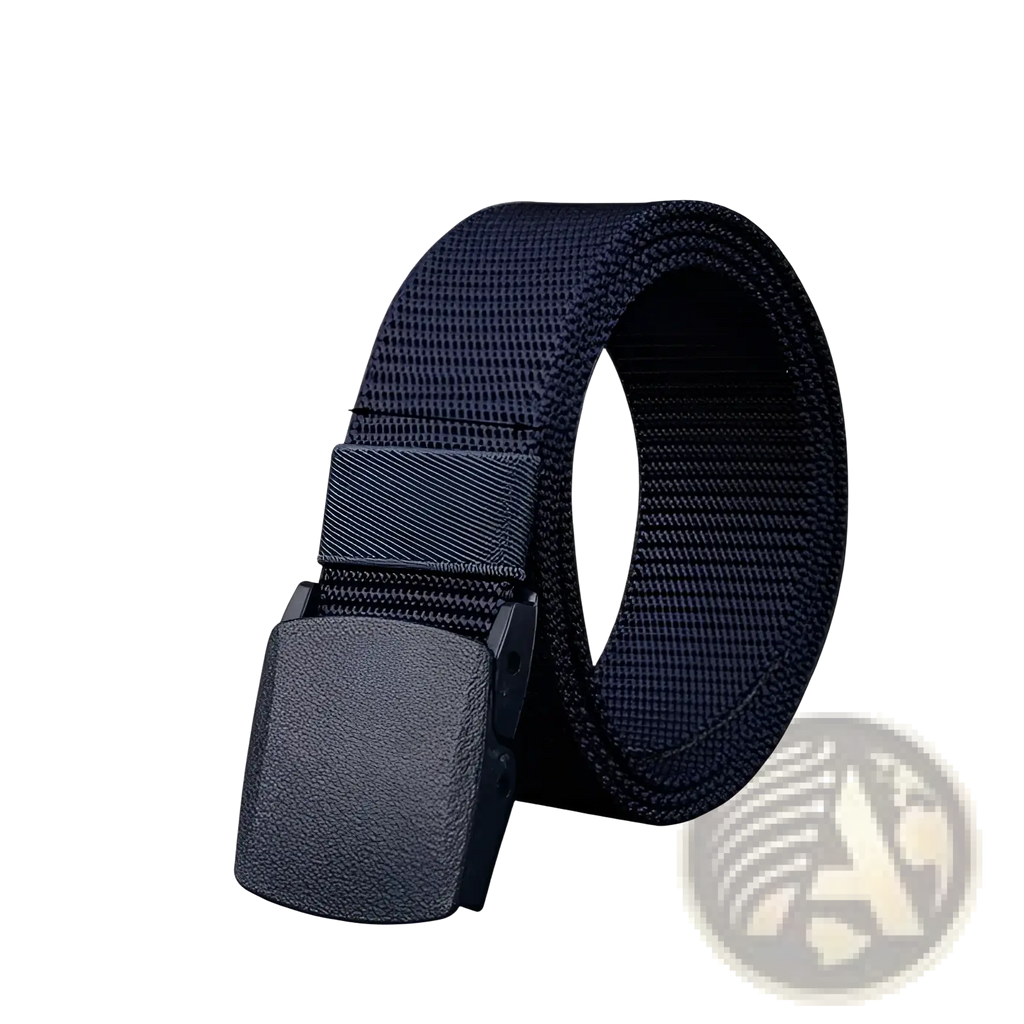 Black tactical nylon web belt with matte black plastic buckle 120cm shown from the back side