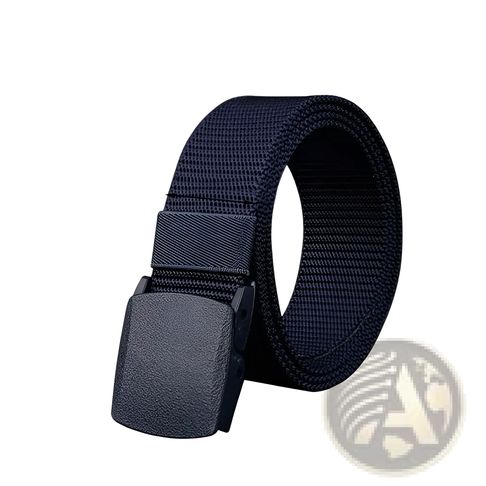 Black tactical nylon web belt with matte black plastic buckle 120cm shown from the back side