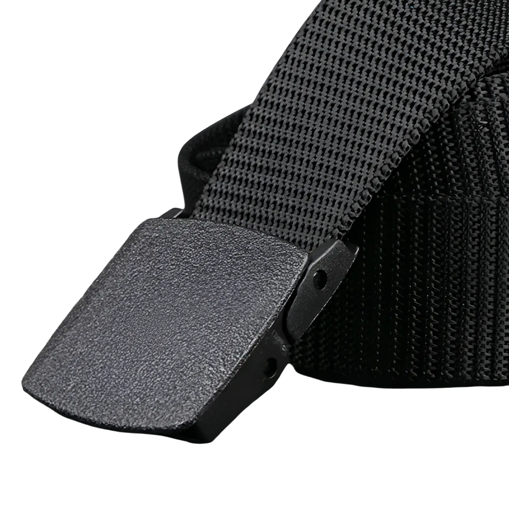 Black tactical nylon web belt with textured webbing and matte black rectangular plastic buckle 120cm