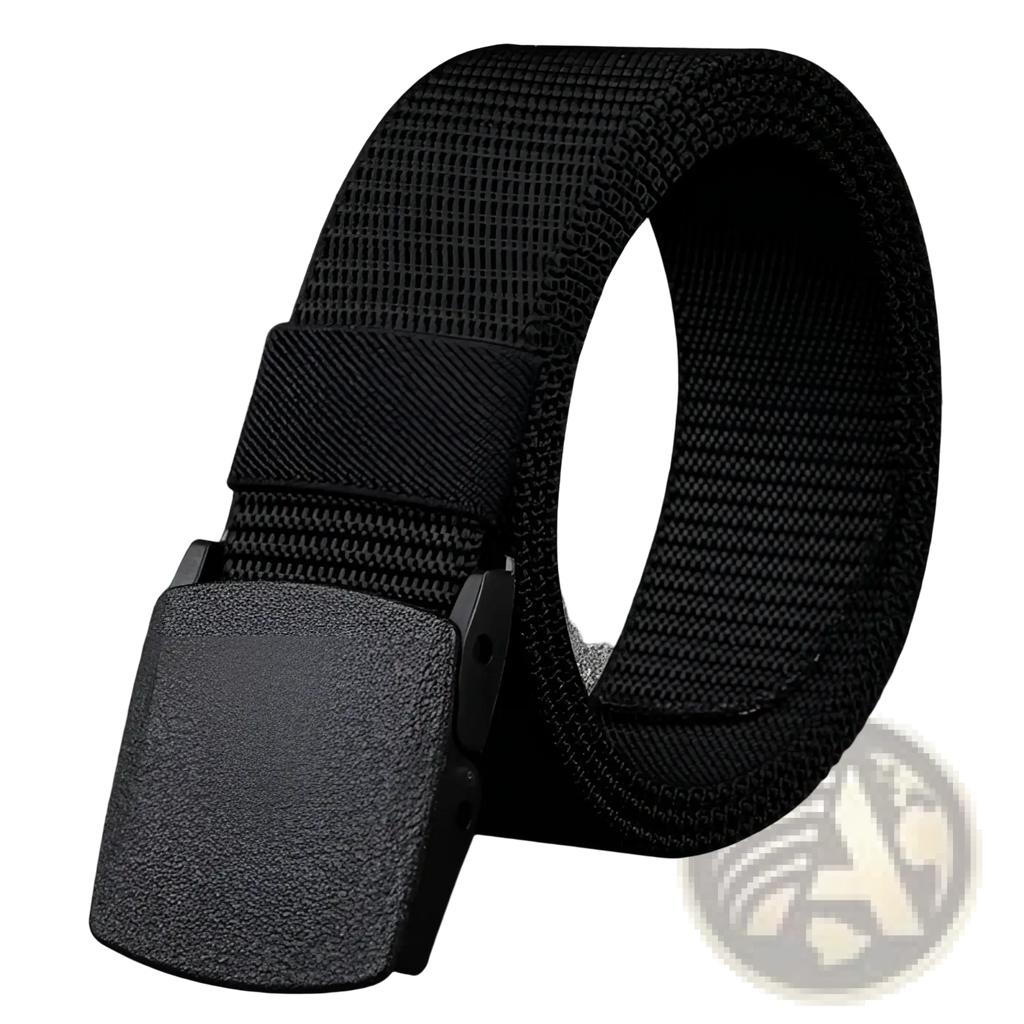 Black tactical nylon web belt with a textured gray plastic buckle 120cm for durable outdoor use