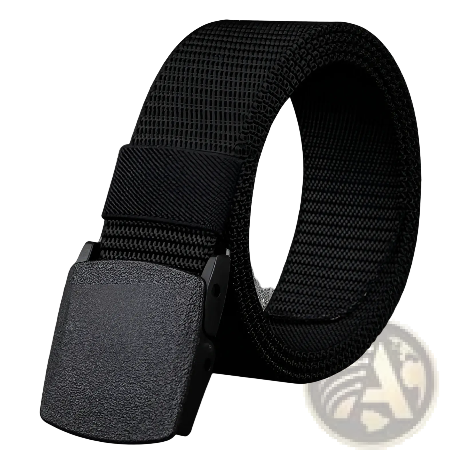 Black tactical nylon web belt with a textured gray plastic buckle 120cm for durable outdoor use