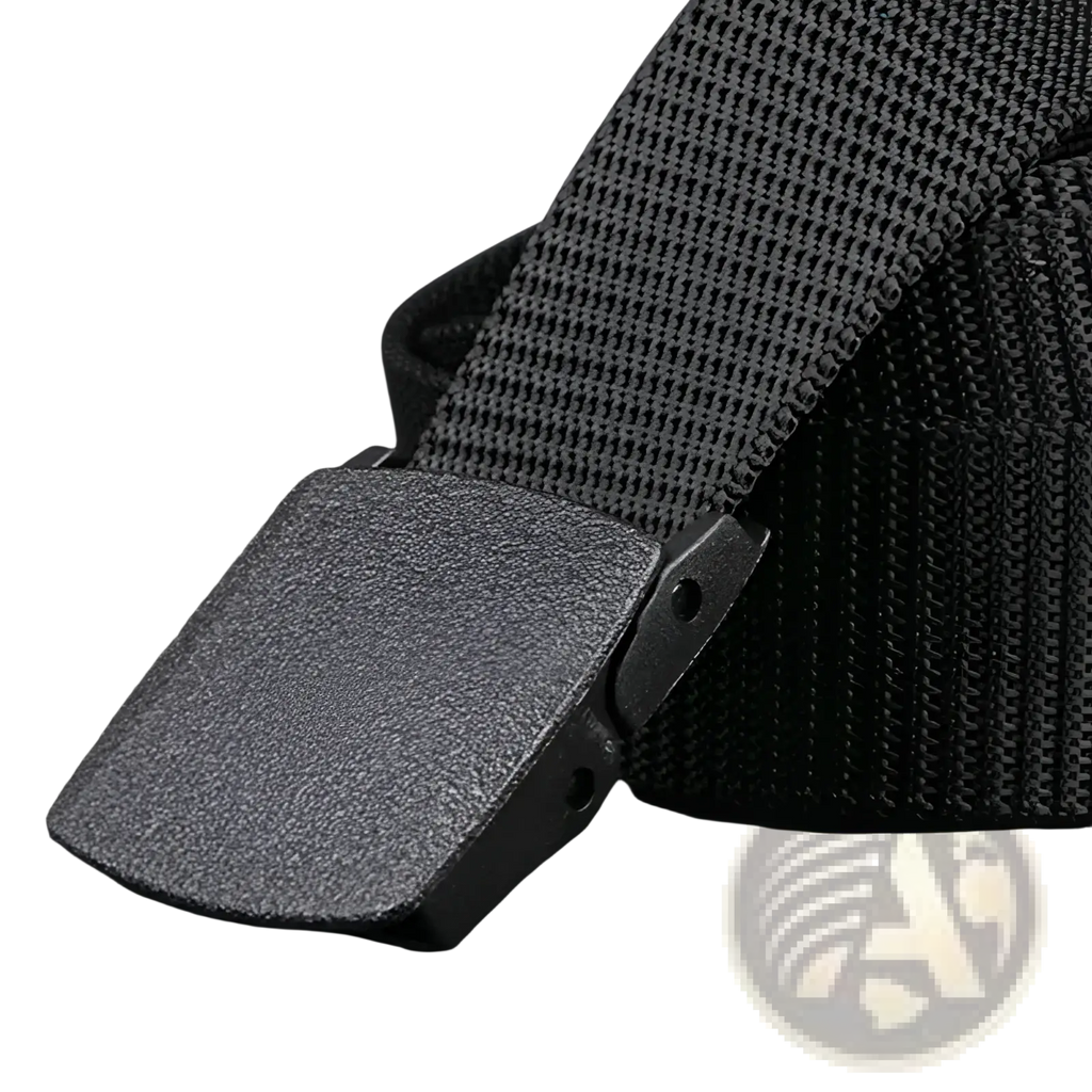 Tactical nylon web belt 120cm with black textured webbing and matte black rectangular plastic buckle