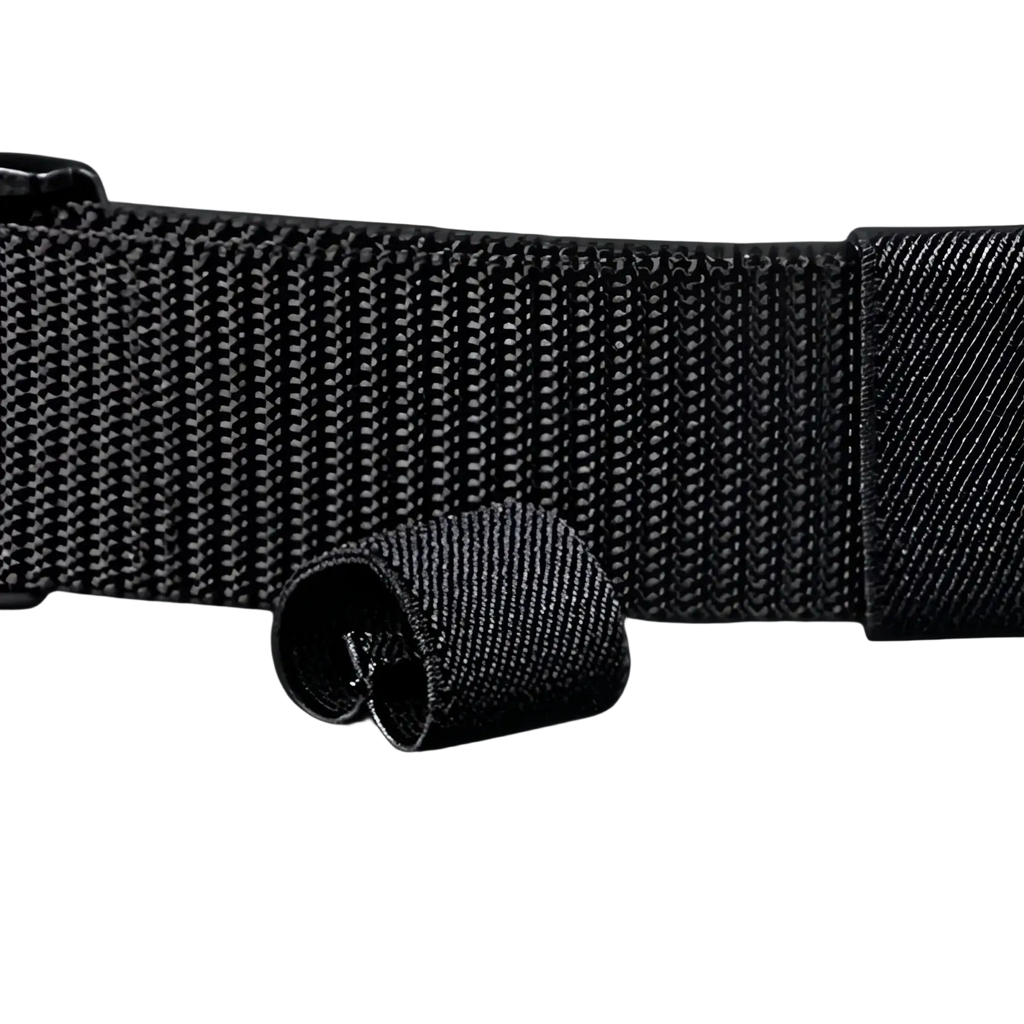 Tactical nylon web belt with black woven nylon strap reinforced textured weave and metallic buckle 120cm length