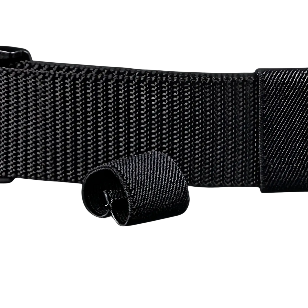 Tactical nylon web belt with black woven nylon strap reinforced textured weave and metallic buckle 120cm length