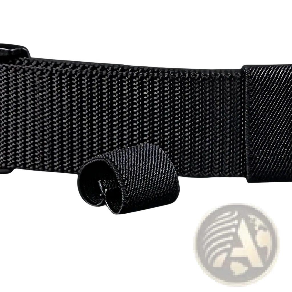 Tactical nylon web belt with black woven nylon strap reinforced textured weave and metallic buckle 120cm length