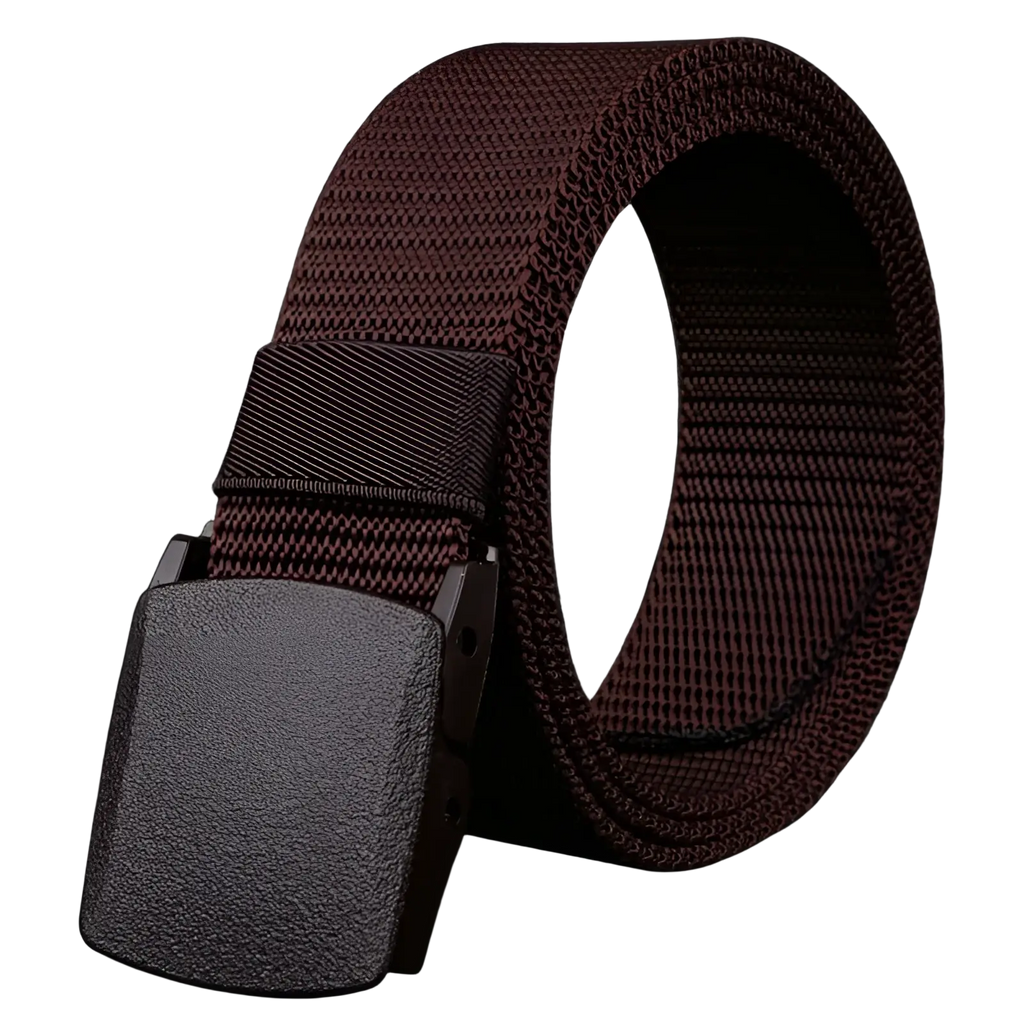 Brown tactical nylon web belt with textured dark brown plastic buckle measuring 120cm