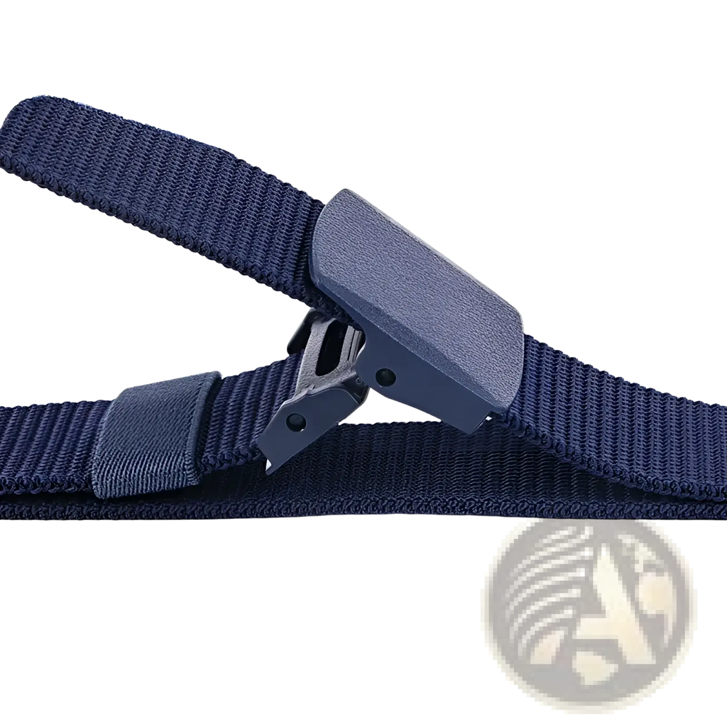 Tactical nylon web belt in dark blue with a woven texture and matte plastic buckle 120cm length