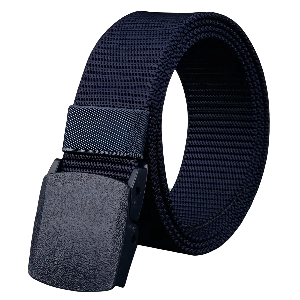 Dark navy tactical nylon web belt with textured gray plastic buckle measuring 120cm for secure fastening