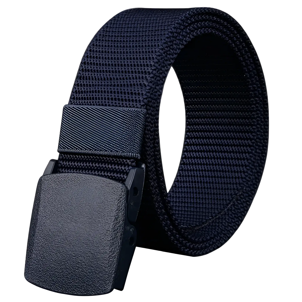 Dark navy tactical nylon web belt with matte black plastic buckle 120cm length for durable everyday use