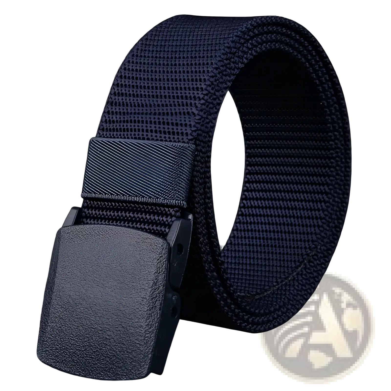 Dark navy tactical nylon web belt with textured gray plastic buckle measuring 120cm for secure fastening
