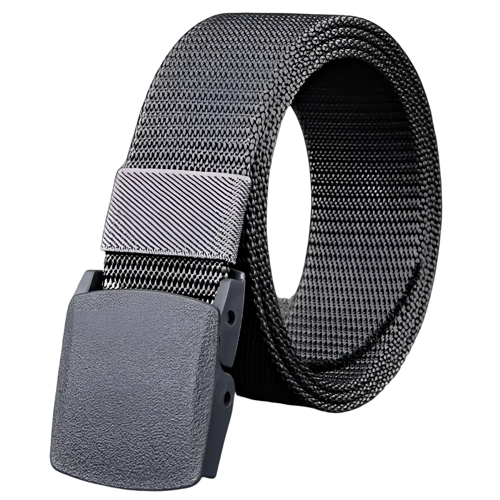 Gray tactical nylon web belt 120cm with matte-finish plastic buckle designed for durable outdoor use