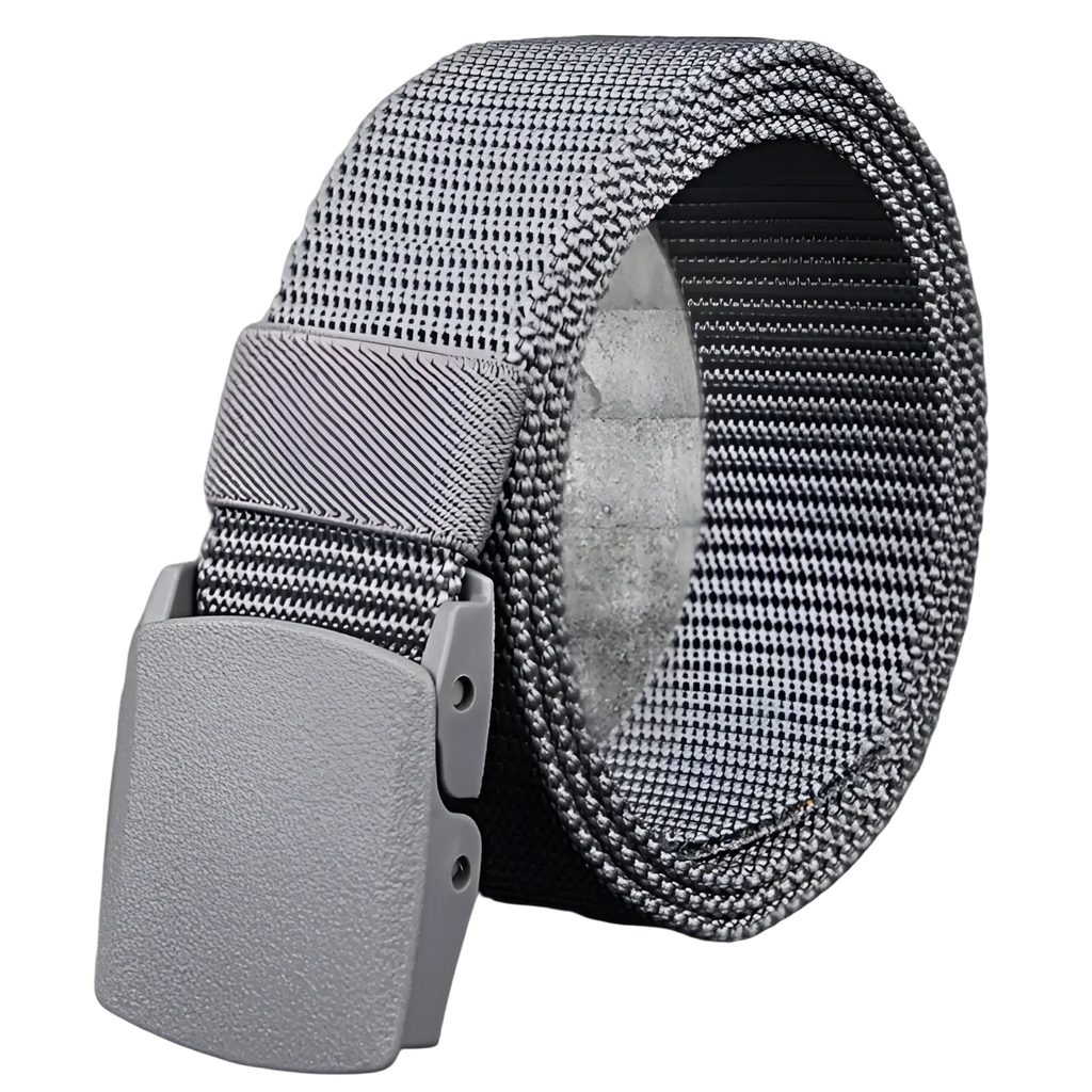 Tactical nylon web belt in gray mesh with a matte gray plastic buckle measuring 120cm