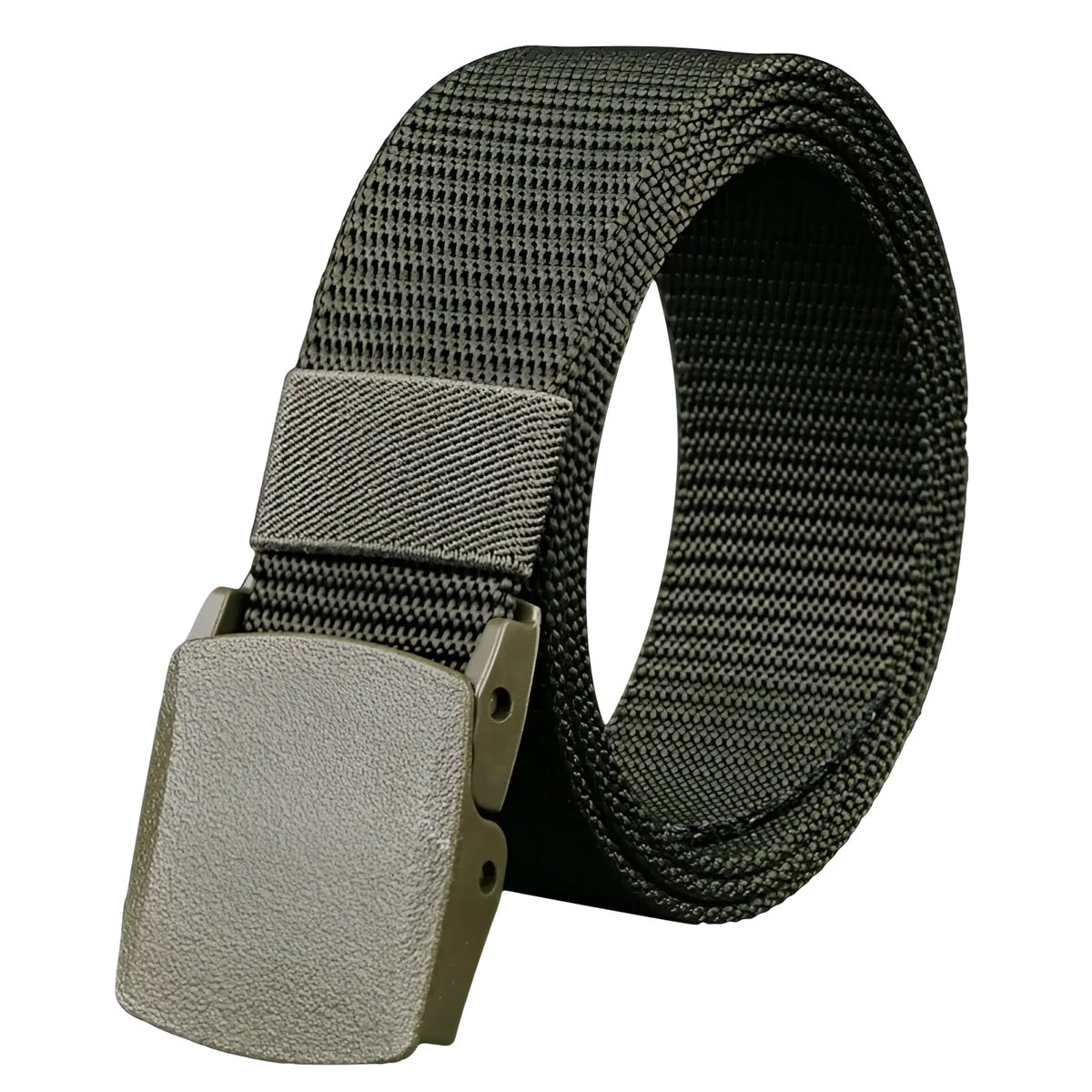 Tactical nylon web belt in olive green with a matte gray textured metal buckle for durable outdoor use