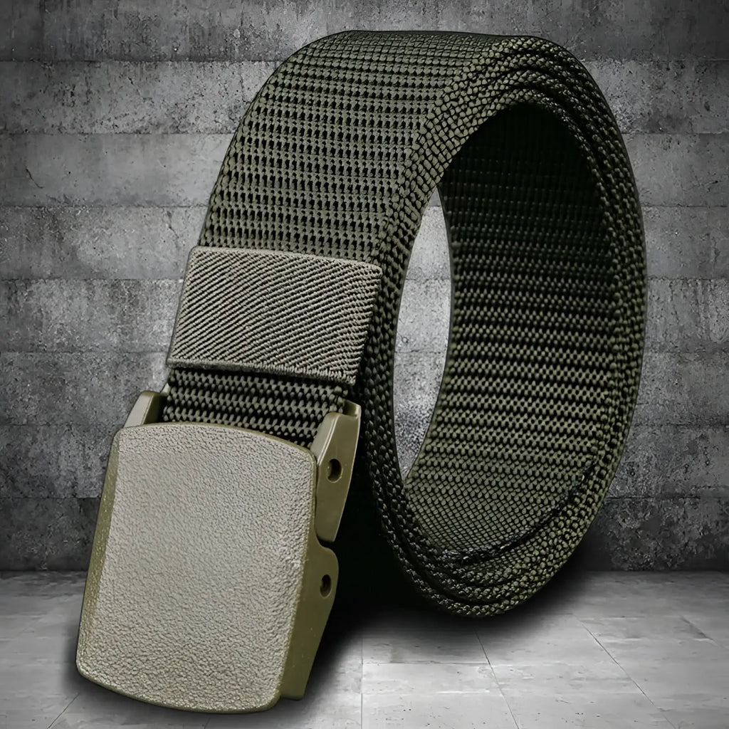 Tactical nylon web belt in olive green with a matte tan plastic buckle measuring 120cm