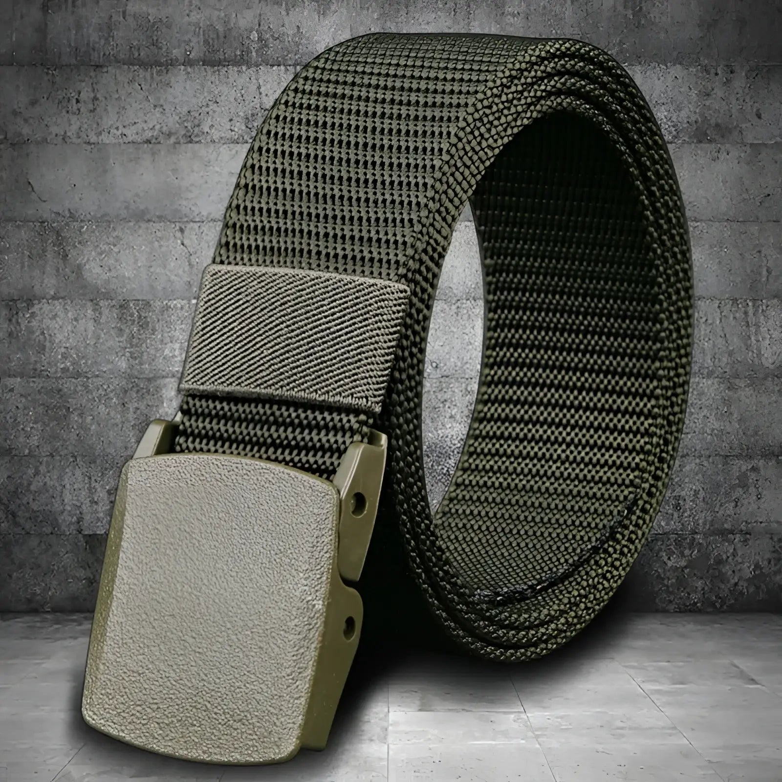 Tactical nylon web belt in olive green with a matte tan plastic buckle measuring 120cm