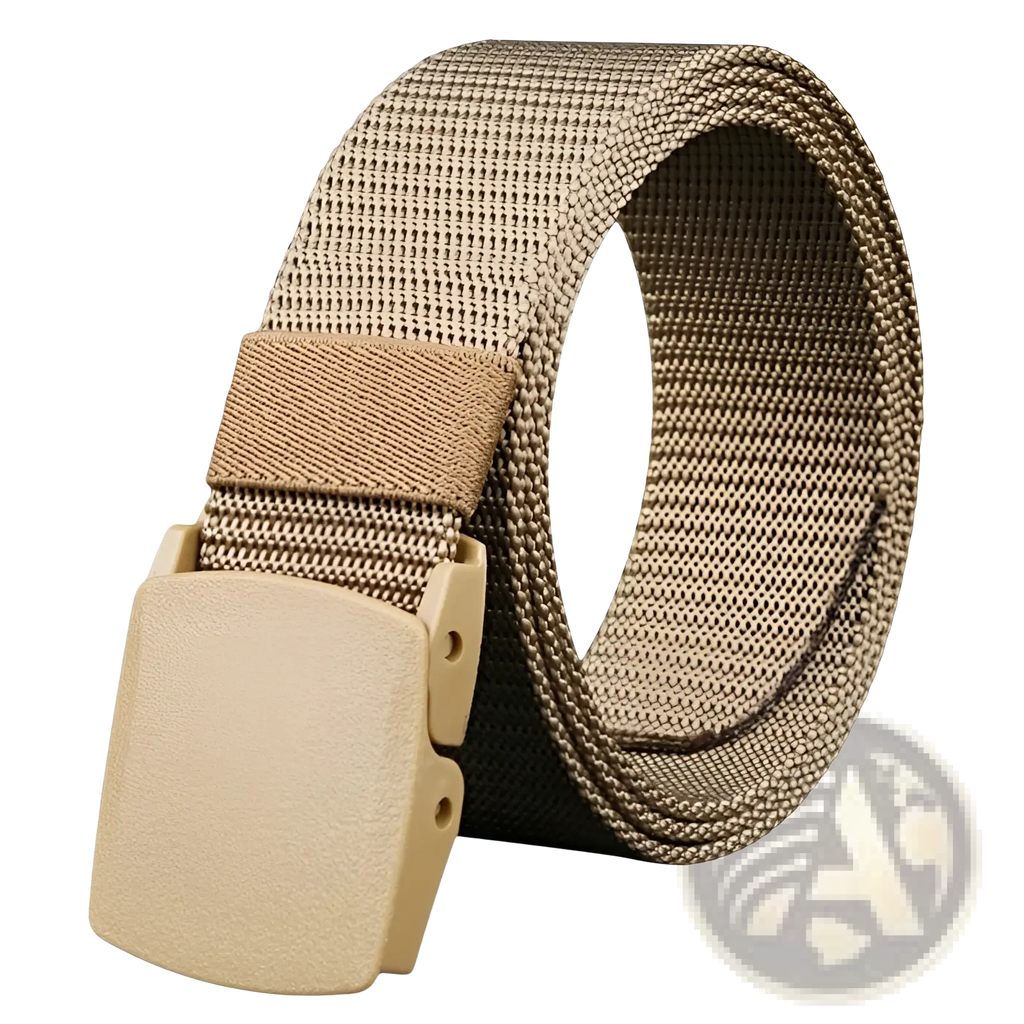 Tactical nylon web belt in tan featuring a durable plastic buckle, measuring 120cm for versatile use