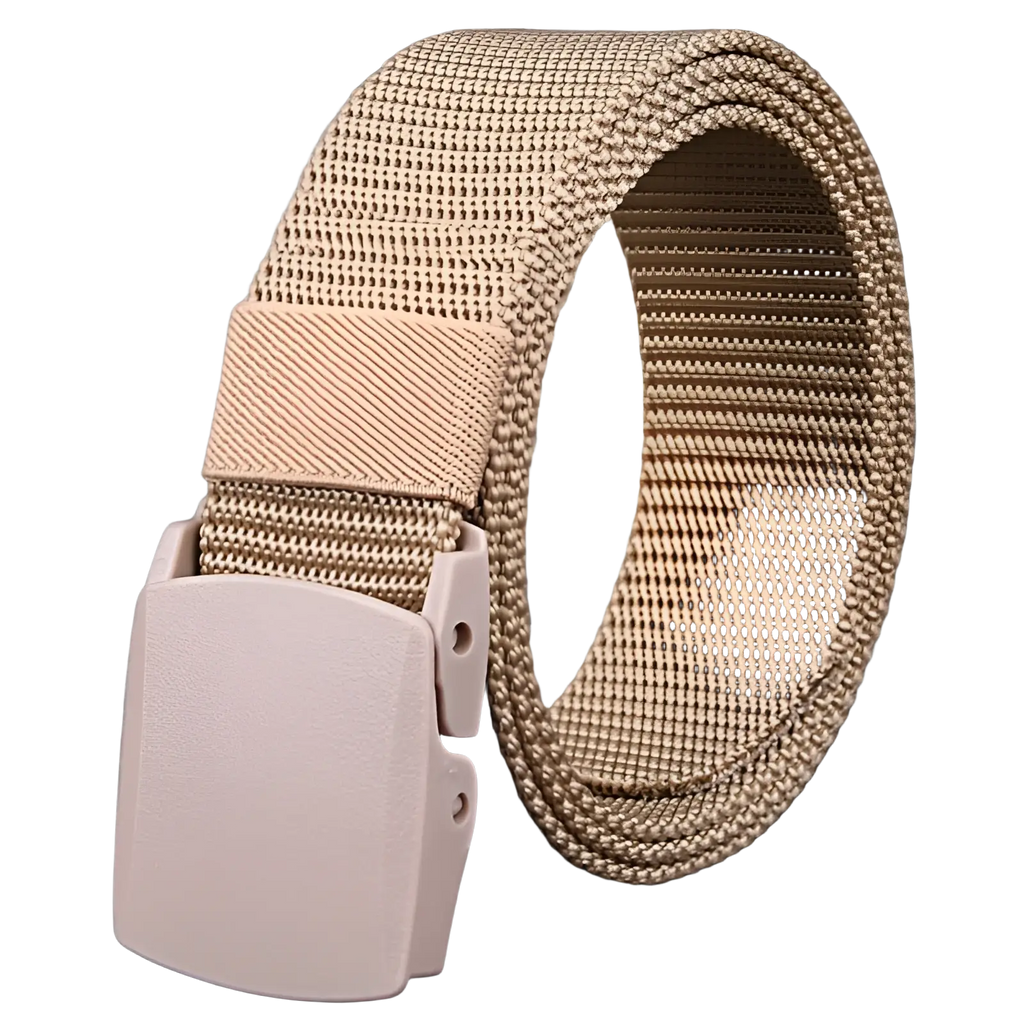 Tactical nylon web belt in tan mesh with a matte pink plastic buckle measuring 120cm