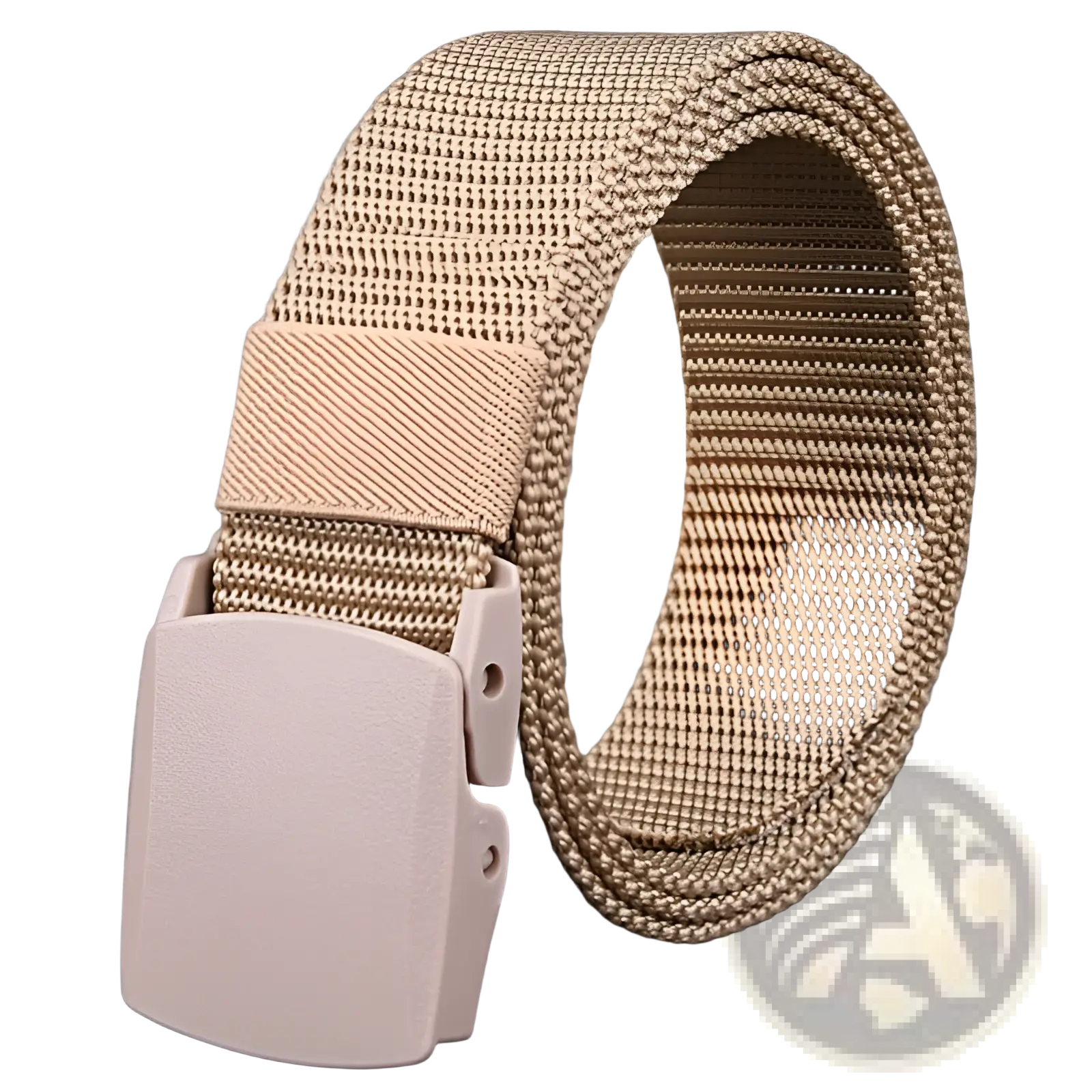 Tactical nylon web belt in tan mesh with a matte pink plastic buckle measuring 120cm