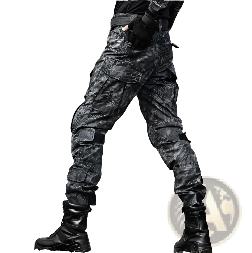 Tactical pants with knee pads in black and gray camouflage featuring multiple cargo pockets and reinforced stitching
