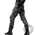 Tactical pants with knee pads in black and gray camouflage featuring multiple cargo pockets and reinforced stitching