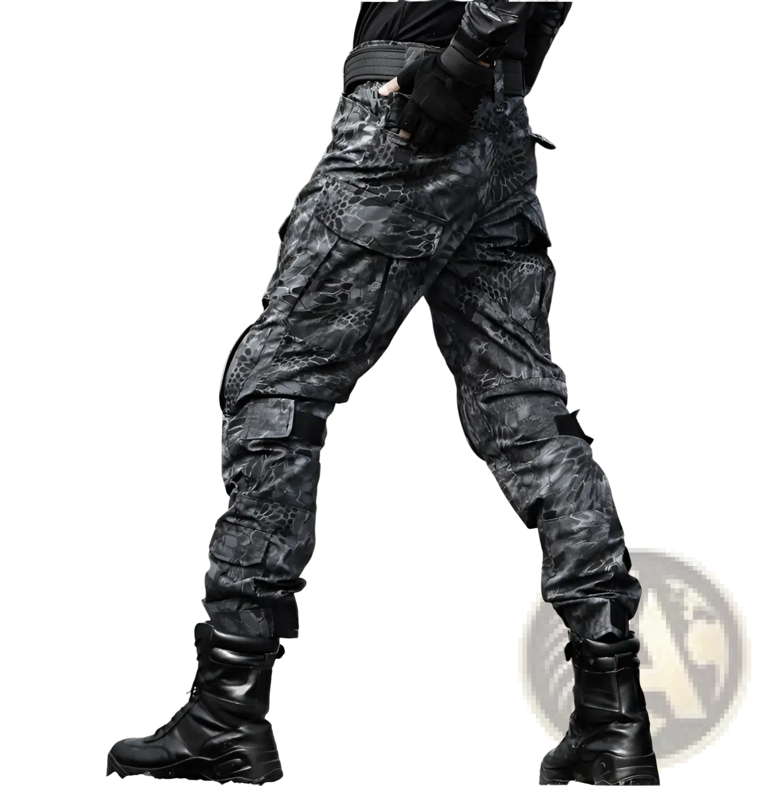 Tactical pants with knee pads in black and gray camouflage featuring multiple cargo pockets and reinforced stitching