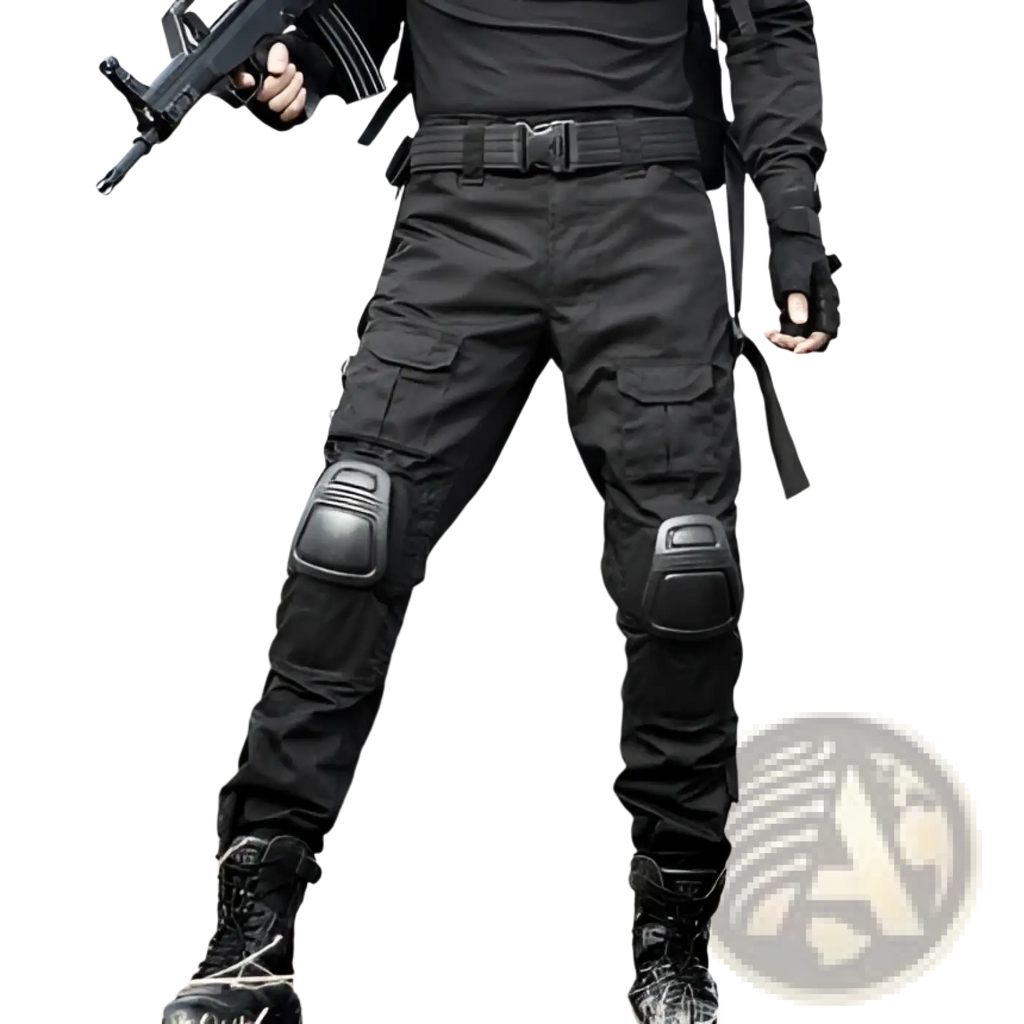 Black tactical pants with reinforced knee pads and multiple cargo pockets for durable outdoor use