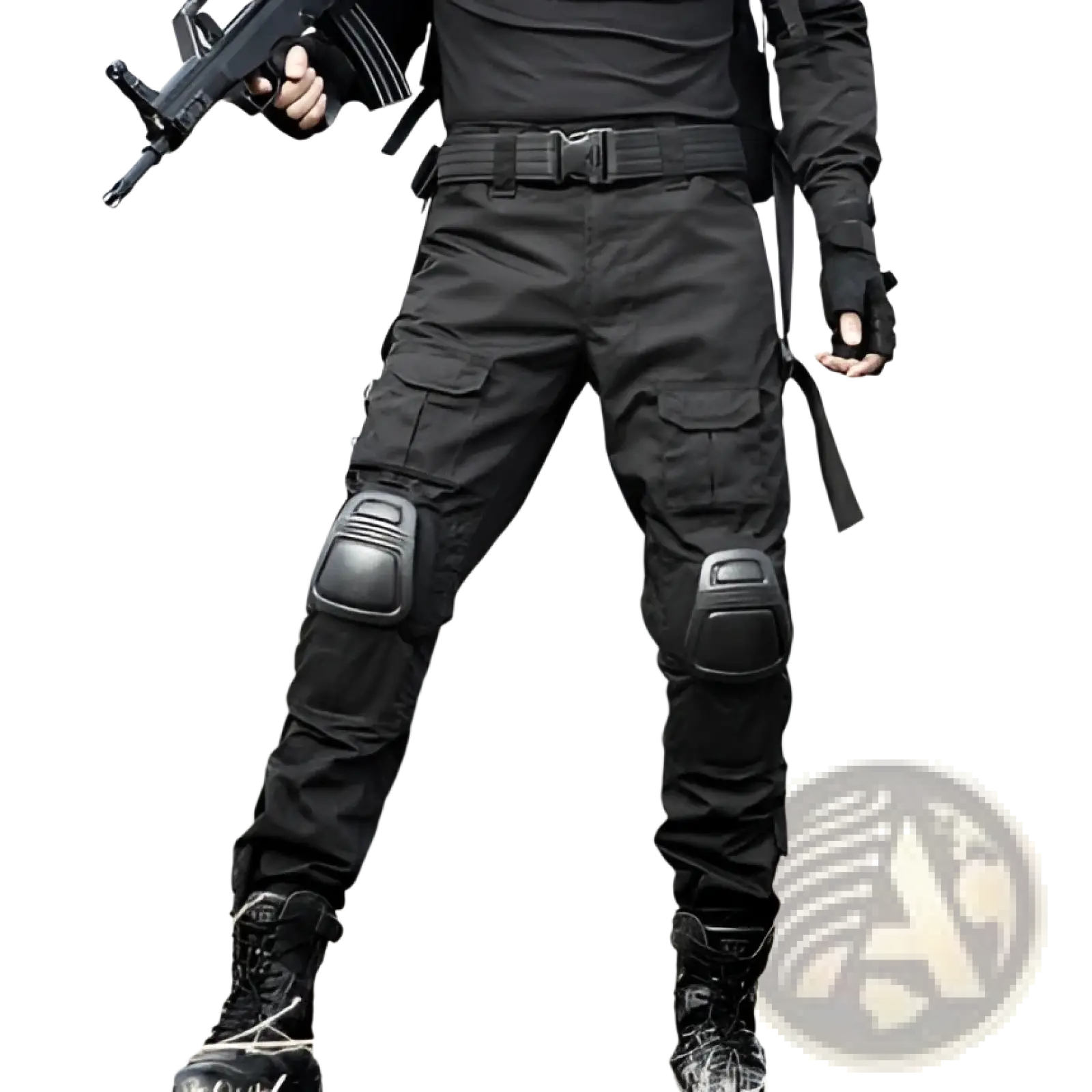 Black tactical pants with reinforced knee pads and multiple cargo pockets for durable outdoor use
