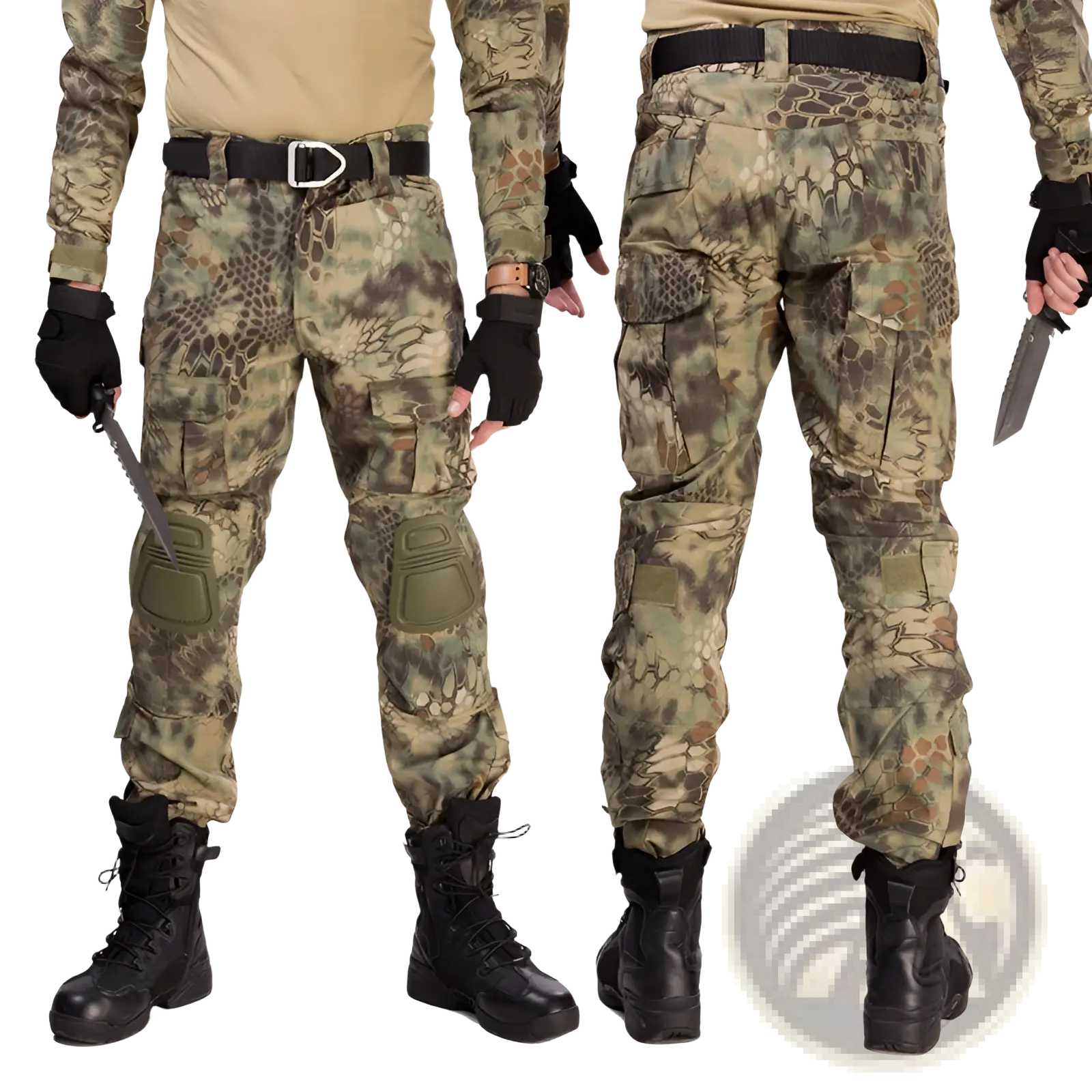 Tactical pants with knee pads and cargo pockets in earthy green and brown snake-scale camouflage pattern