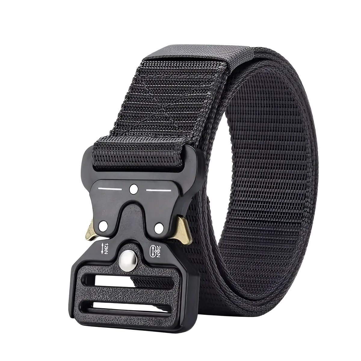 Black tactical polyester belt unisex outdoor utility strap with durable nylon strap and black plastic buckle with gold hardware