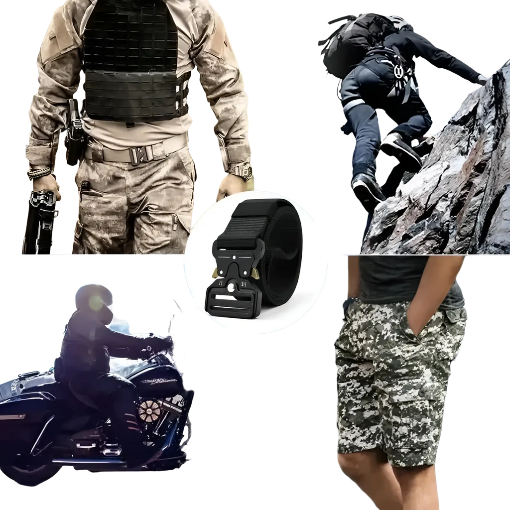 Black tactical polyester belt with sturdy metal buckle and reinforced stitching for unisex outdoor utility use