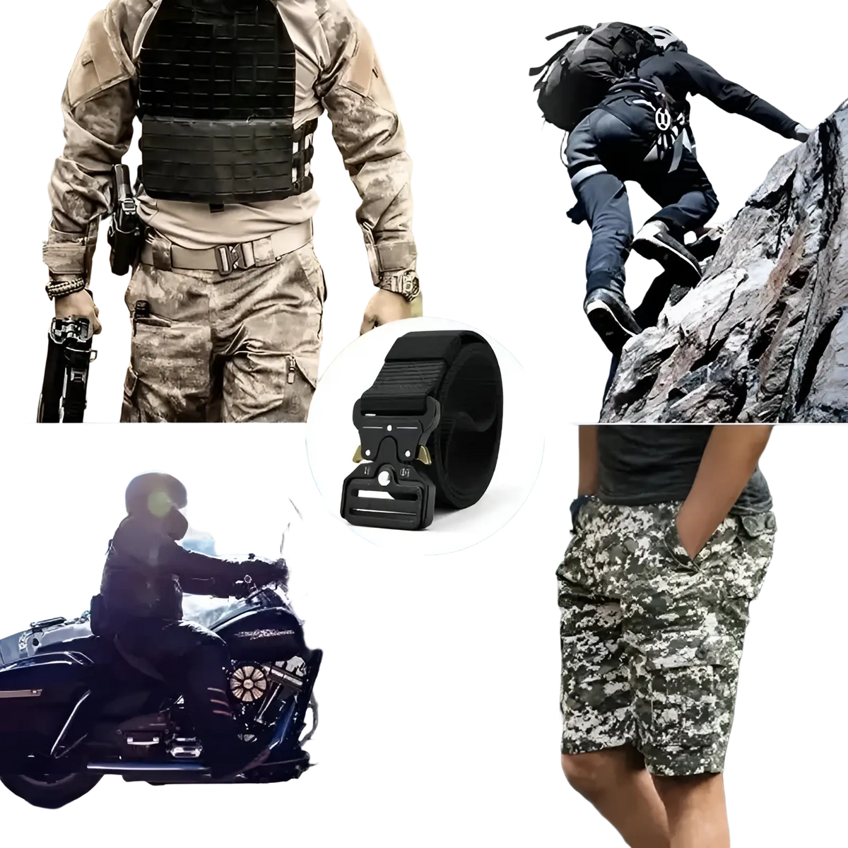 Black tactical polyester belt with sturdy metal buckle and reinforced stitching for unisex outdoor utility use