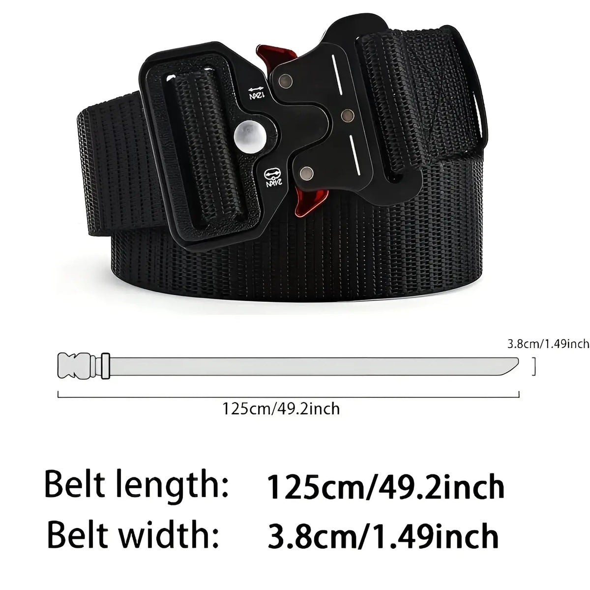 Black tactical polyester belt with matte metal buckle featuring red accents and engraved markings for outdoor use