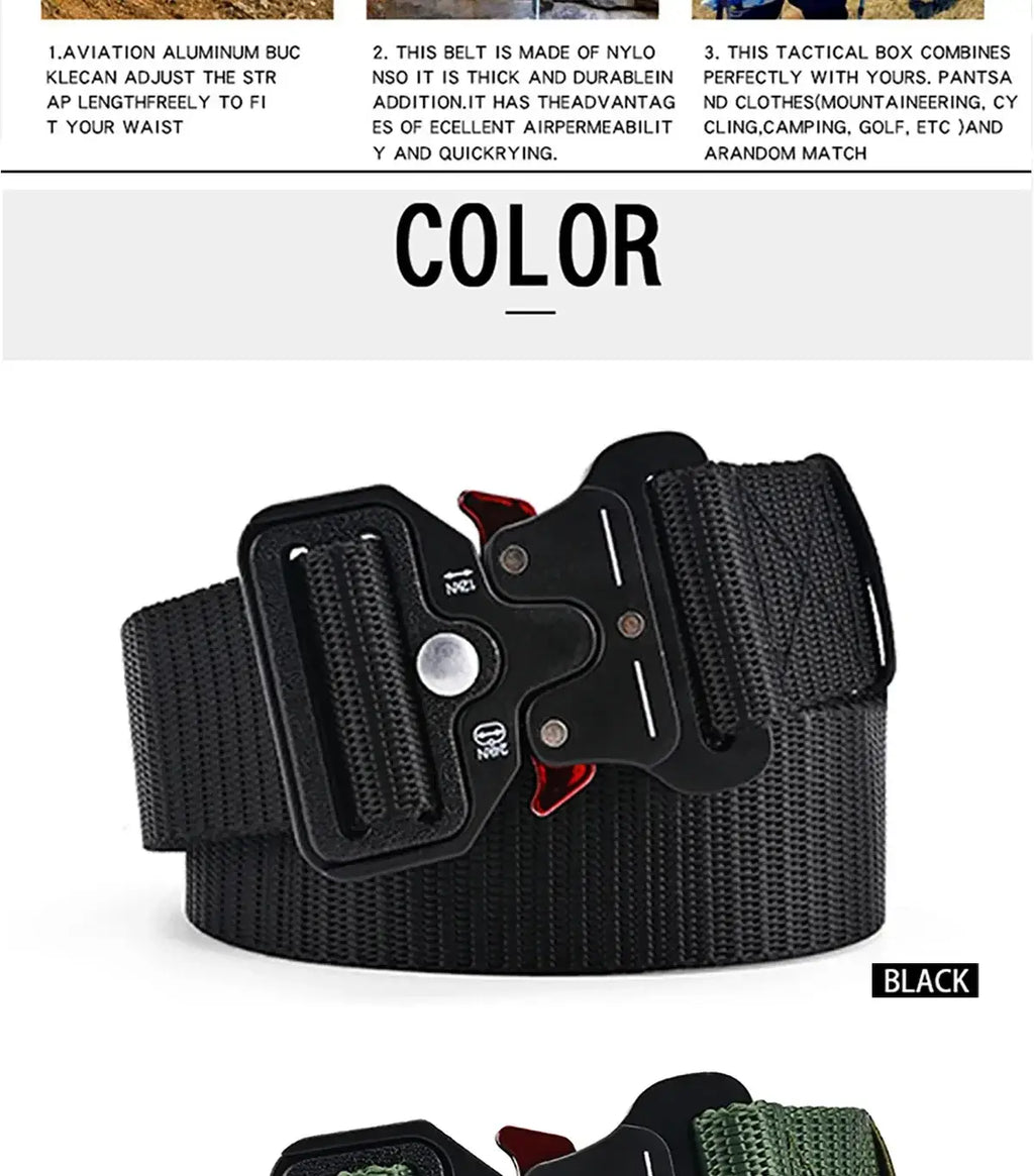 Tactical polyester belt unisex outdoor utility strap with black nylon strap and black aluminum buckle with red accents
