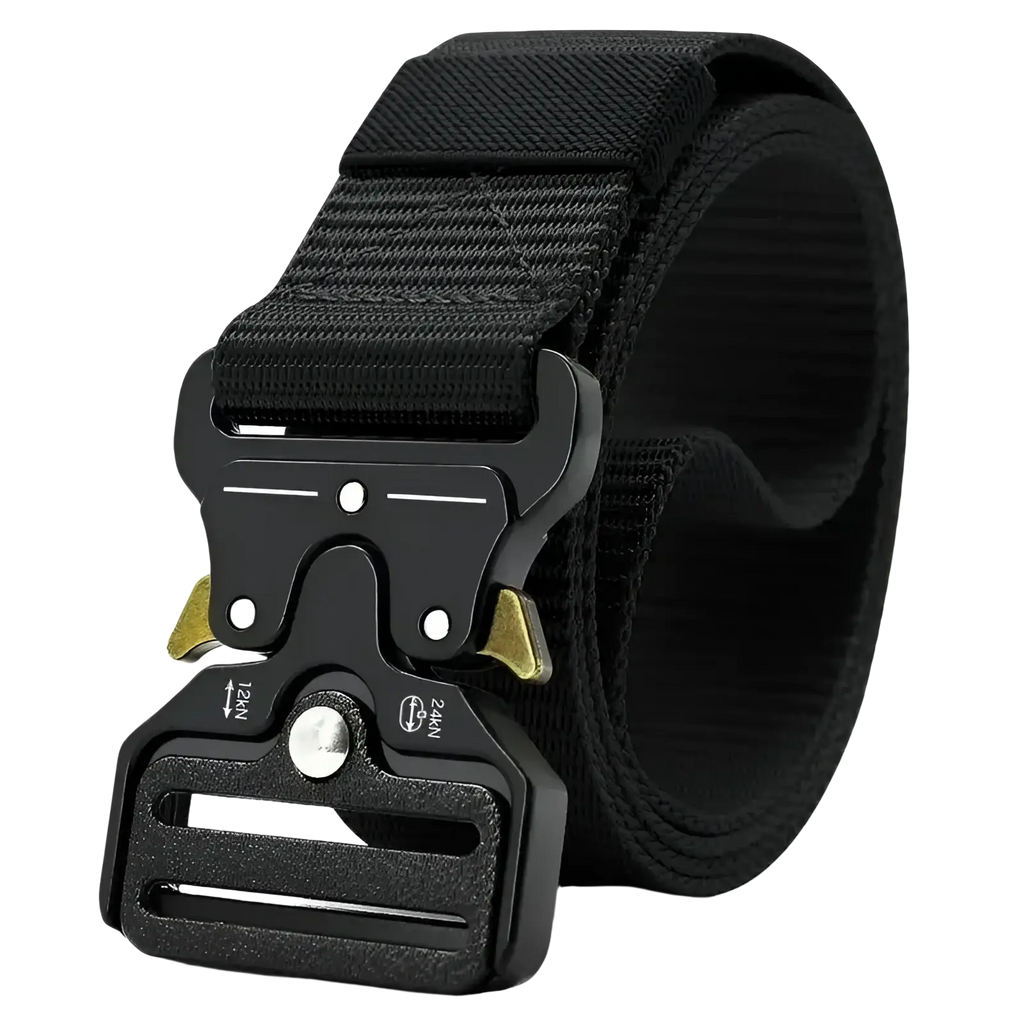 Black tactical polyester belt with adjustable sizing and gold metal accents on black plastic buckle for outdoor utility use