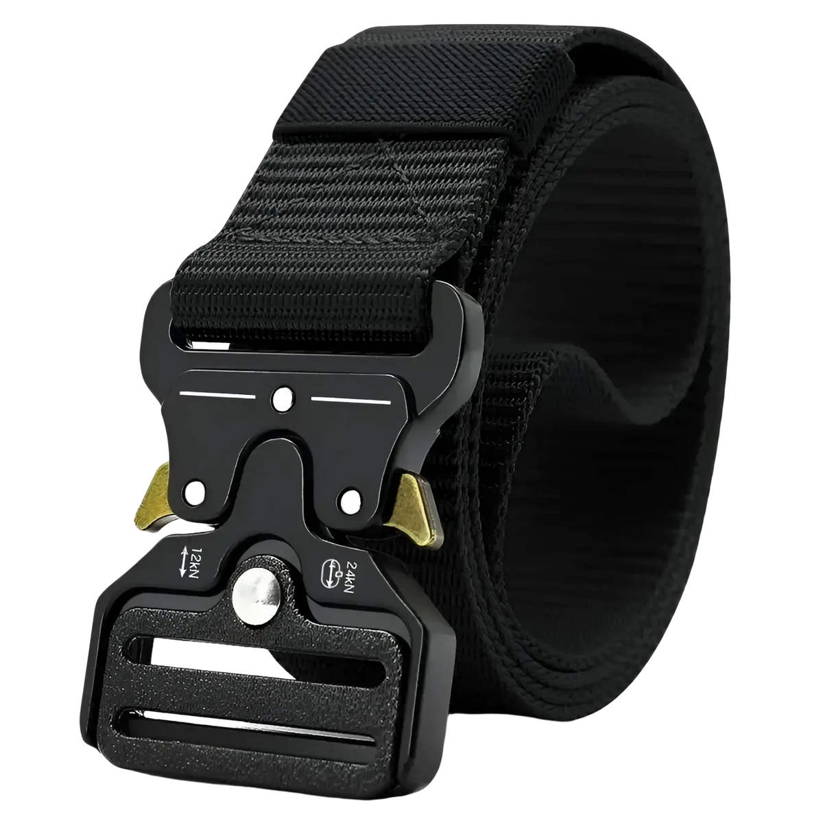 Black tactical polyester belt with sturdy black buckle featuring gold accents and engraved specifications for outdoor use