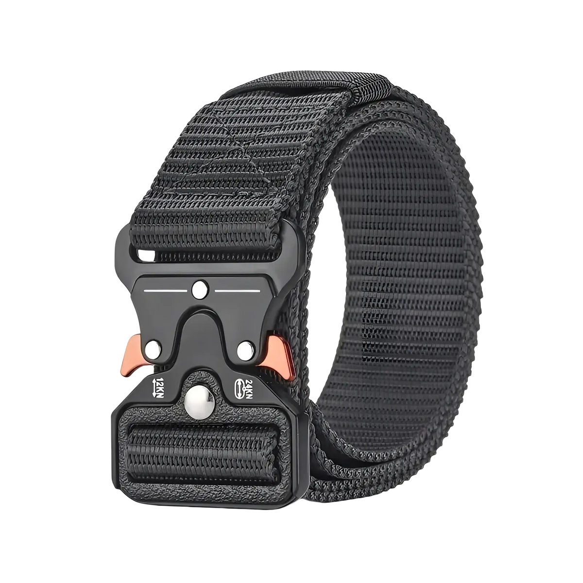 Black tactical polyester belt with sturdy buckle featuring copper accents and engraved load ratings for outdoor use