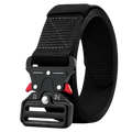 Tactical polyester belt unisex outdoor utility strap in black with a sturdy plastic buckle featuring red accents and silver hardware