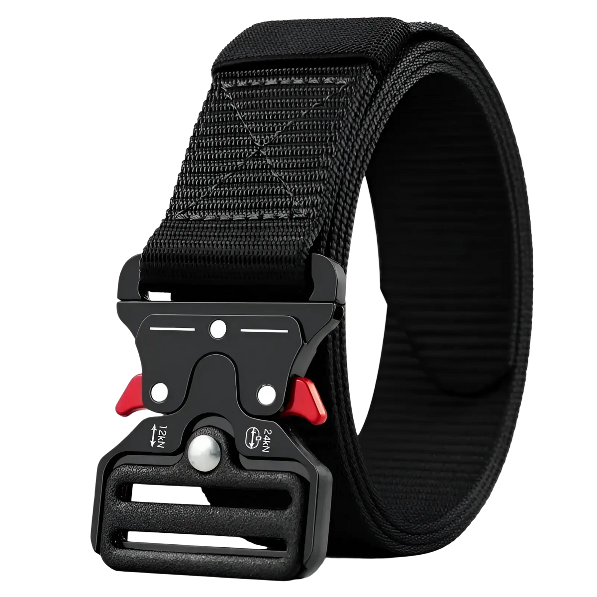 Tactical polyester belt unisex outdoor utility strap in black with a sturdy plastic buckle featuring red accents and silver hardware