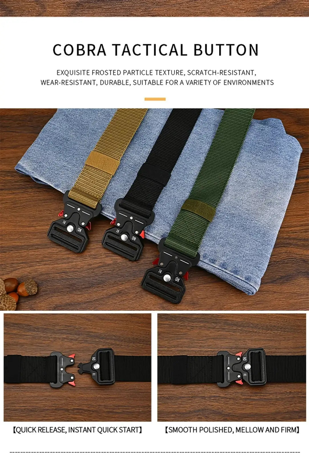Black cobra tactical button with frosted particle texture and red accents on quick-release tactical polyester belt buckle