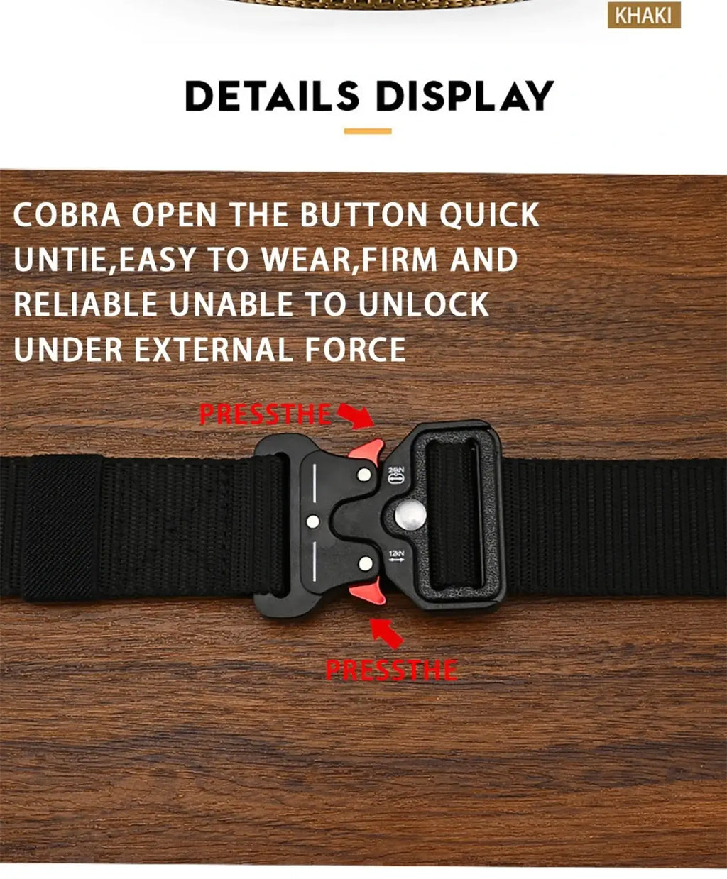 Black cobra brand tactical polyester belt buckle with quick-release mechanism and textured surface for outdoor use