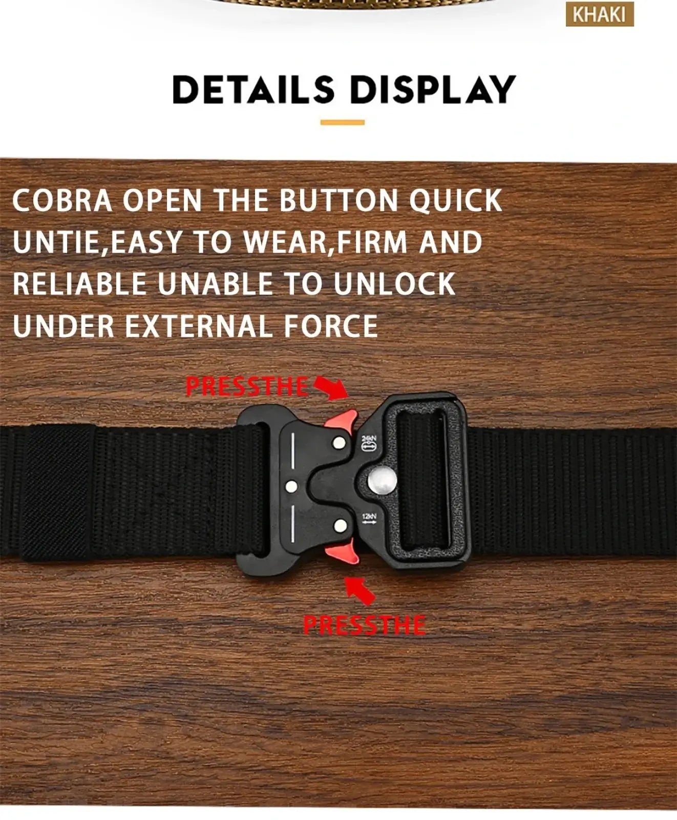 Black cobra brand tactical polyester belt buckle with quick-release mechanism and textured surface for outdoor use