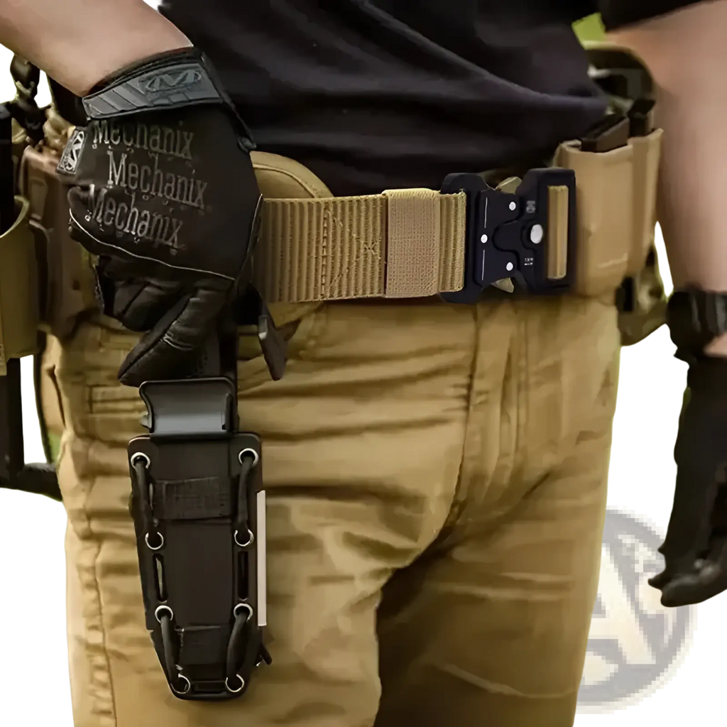 Black tactical polyester belt sheath with sturdy textured design and metal loops for secure outdoor utility attachment